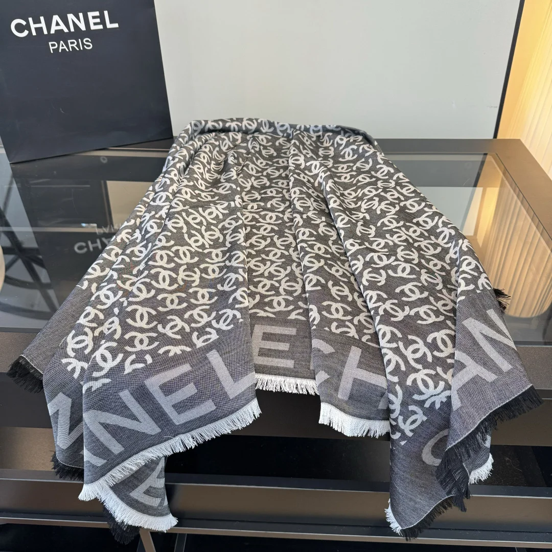 CHANEL Scarves Cashmere Cotton Silk Gray-White One Size A5510070393 - Image 5