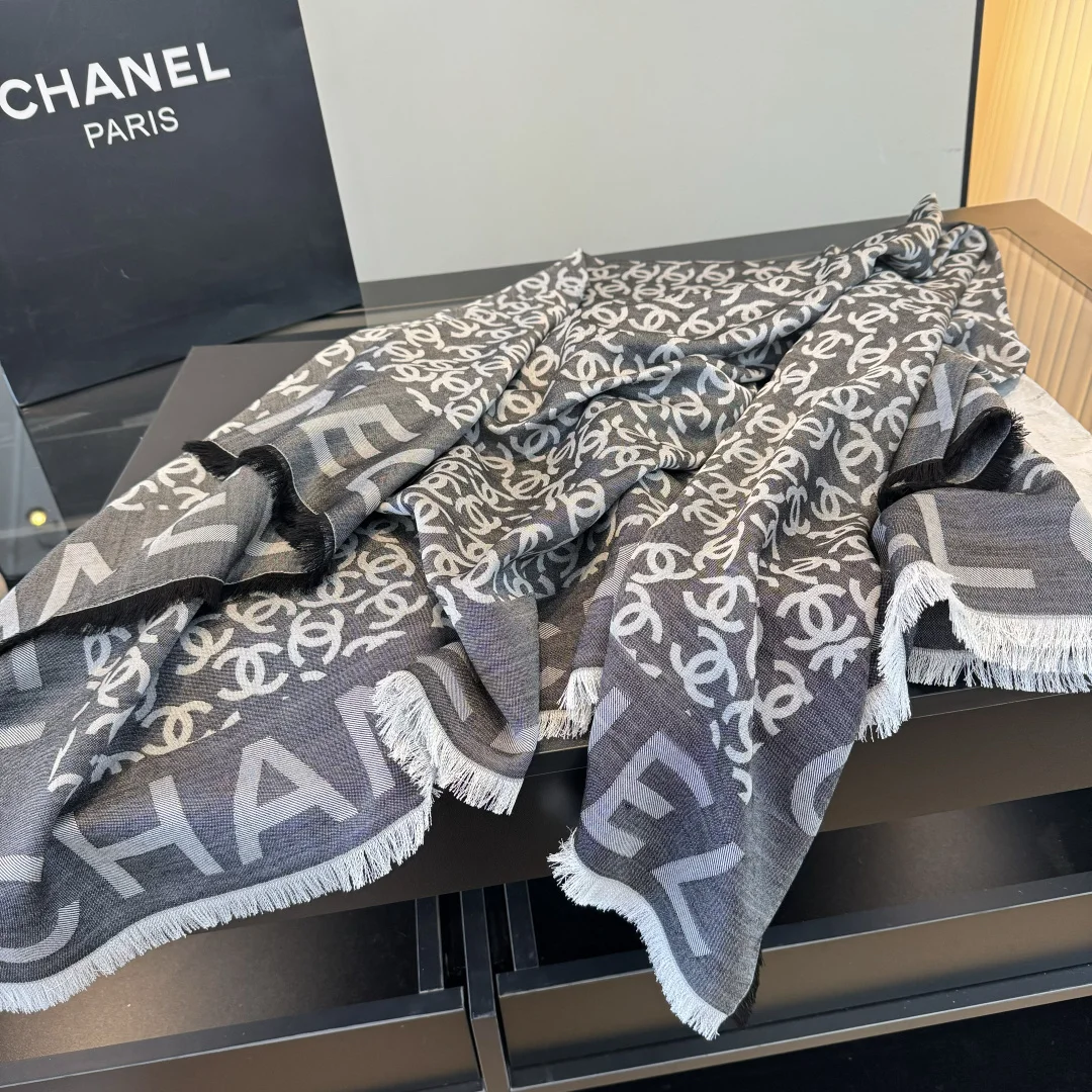 CHANEL Scarves Cashmere Cotton Silk Gray-White One Size A5510070393 - Image 6