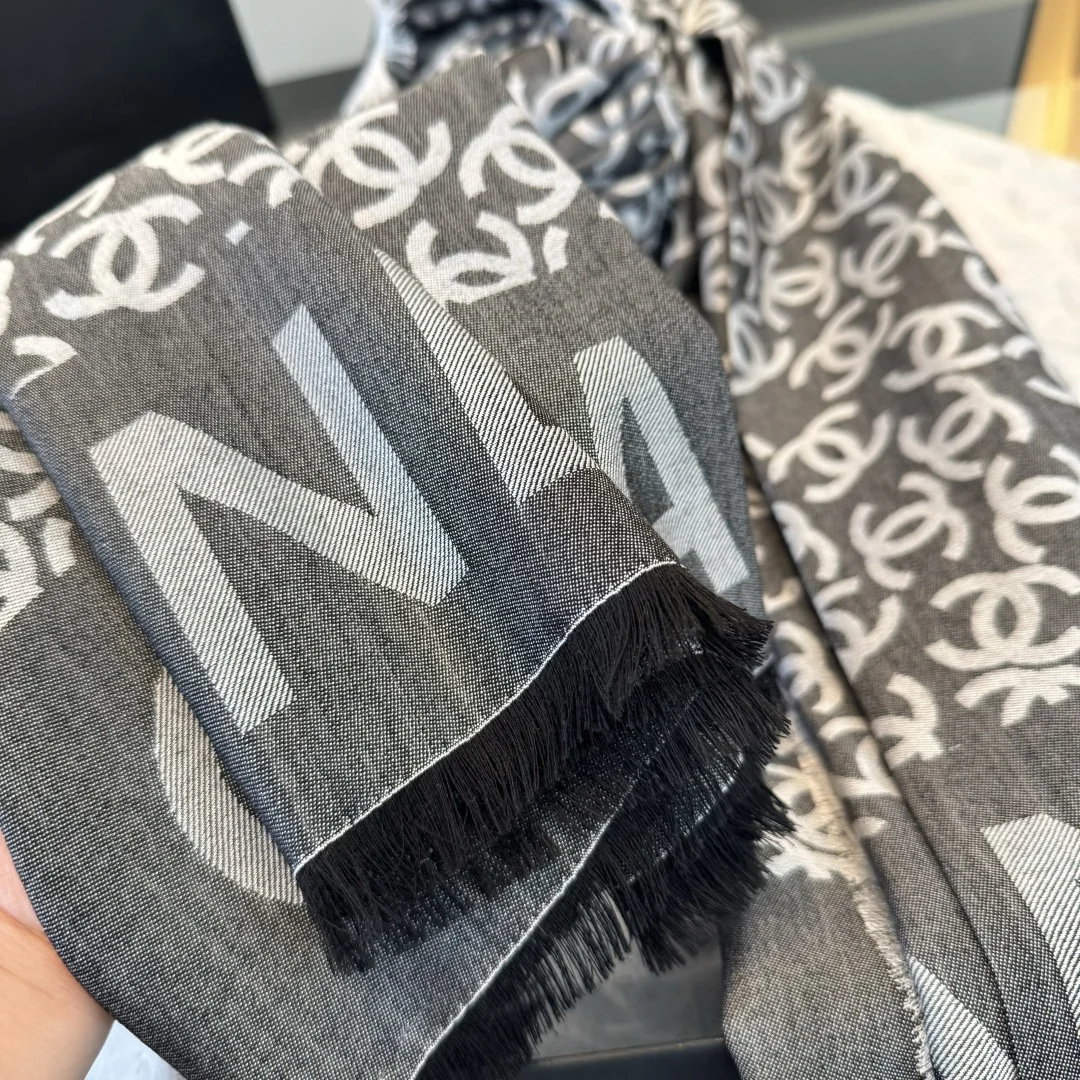 CHANEL Scarves Cashmere Cotton Silk Gray-White One Size A5510070393 - Image 7