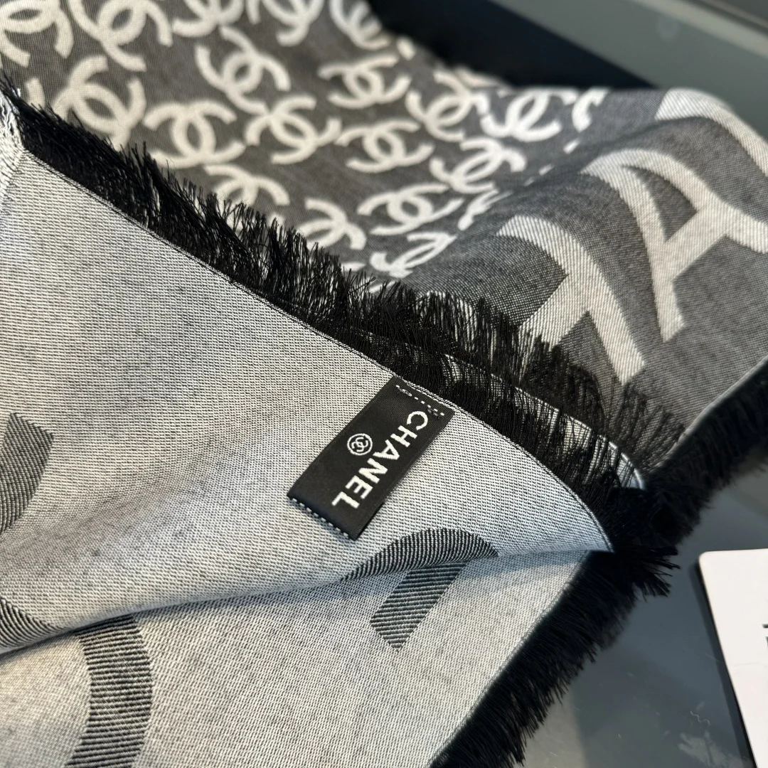 CHANEL Scarves Cashmere Cotton Silk Gray-White One Size A5510070393 - Image 8