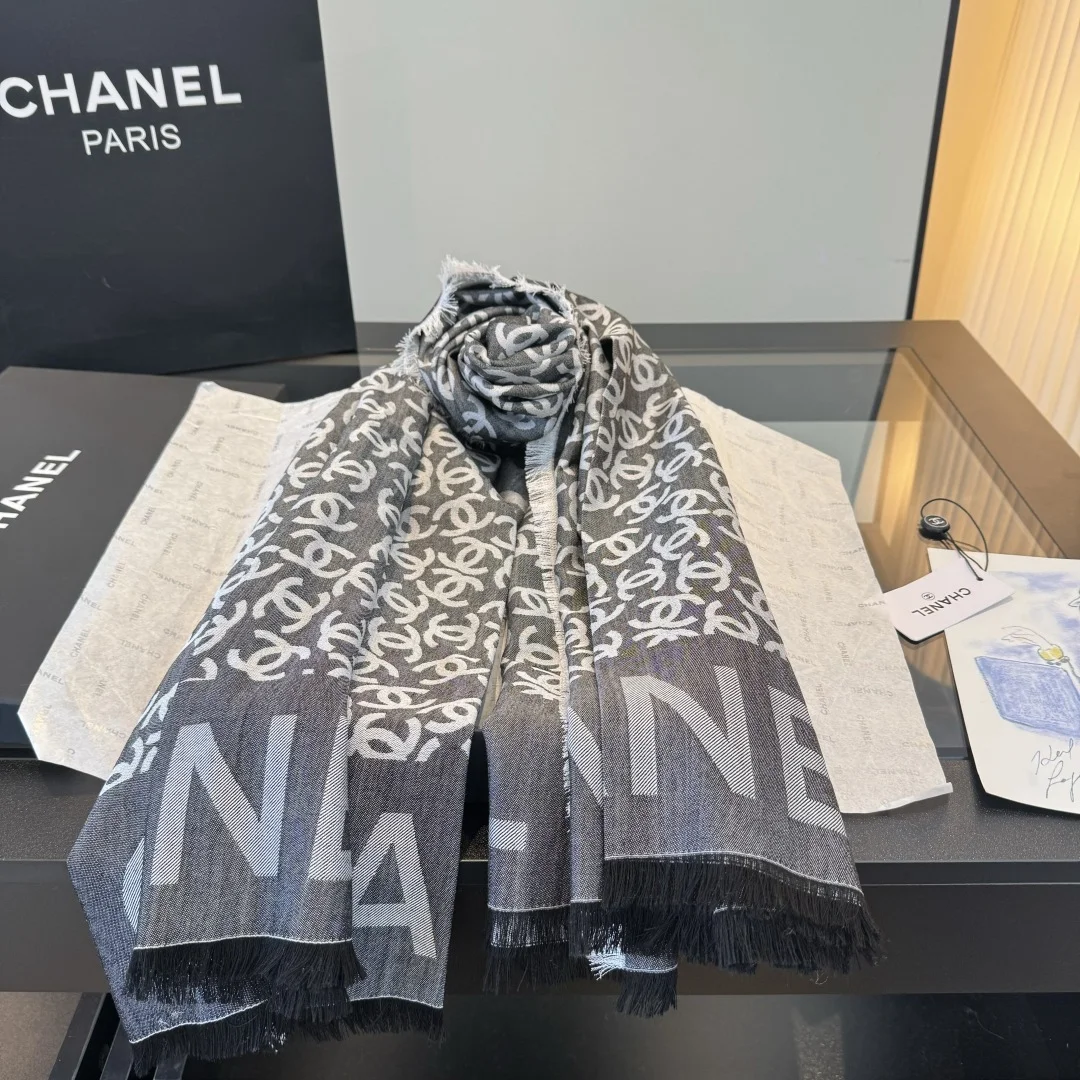 CHANEL Scarves Cashmere Cotton Silk Gray-White One Size A5510070393 - Image 9