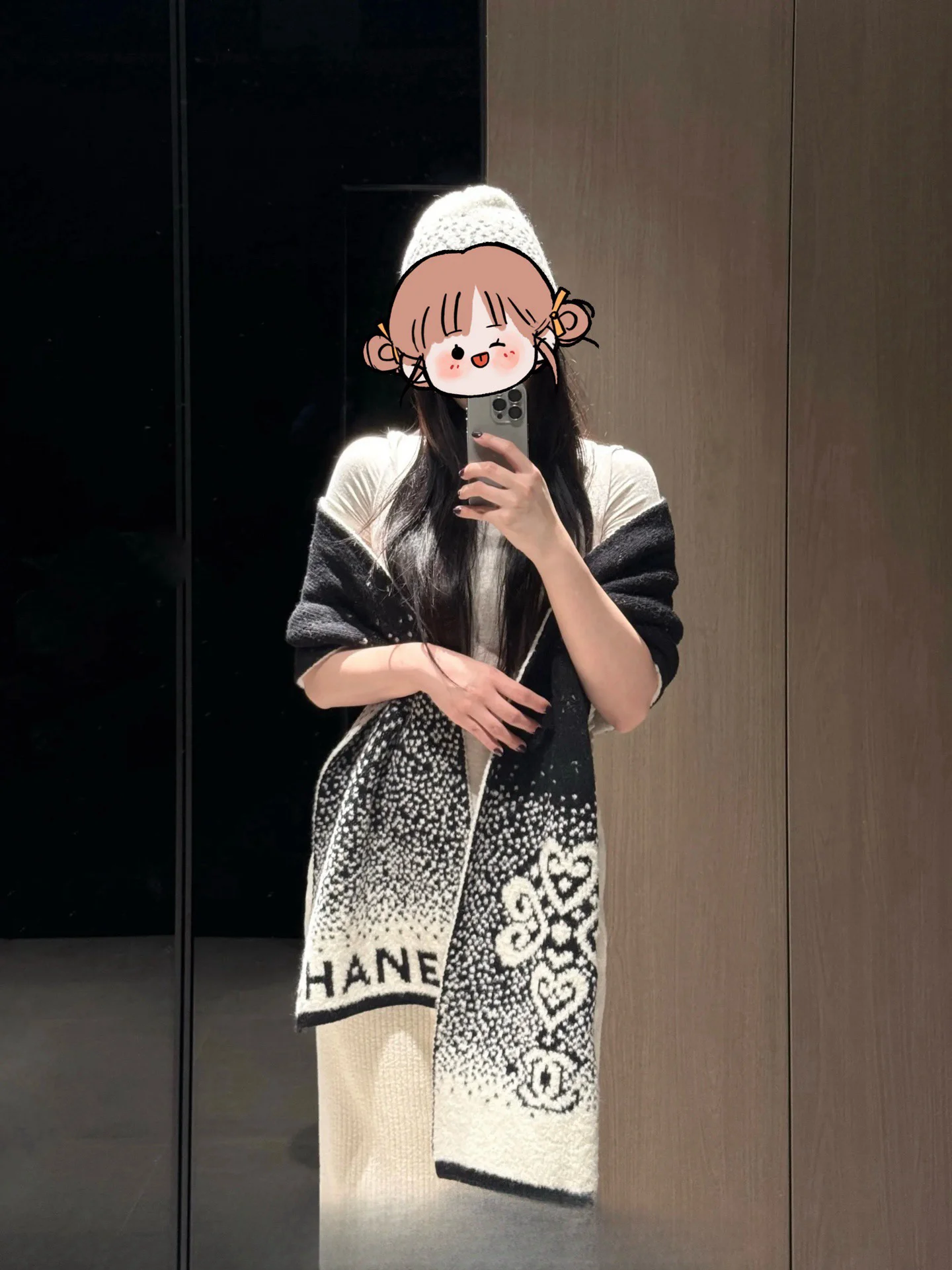 CHANEL Scarves Knitted Cashmere Black-White 30_180CM A2010070816