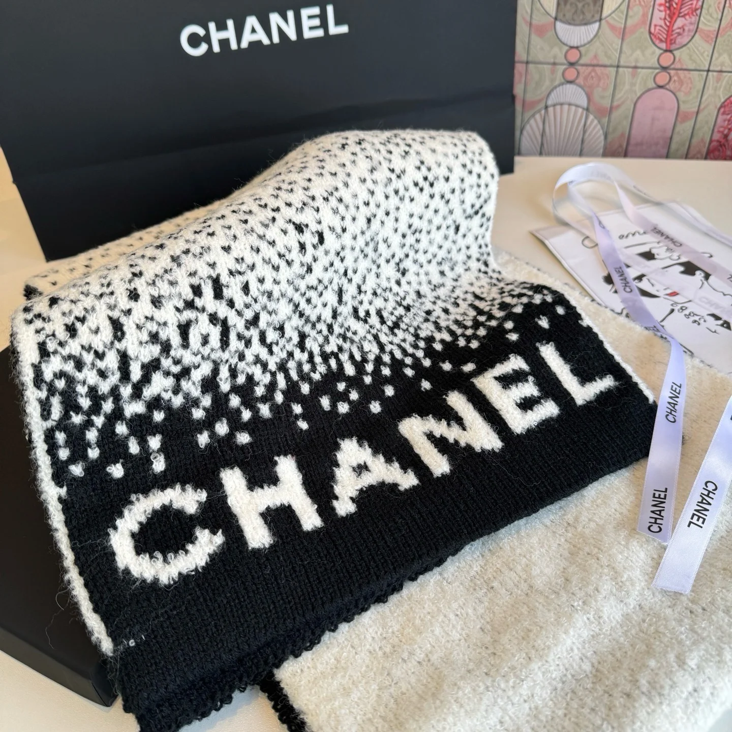 CHANEL Scarves Knitted Cashmere Black-White 30_180CM A2010070816 - Image 11