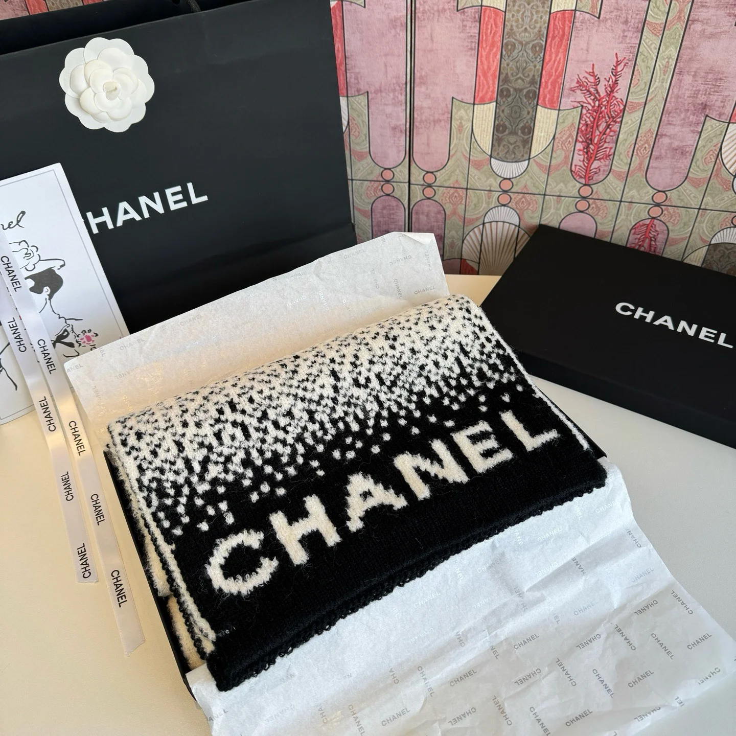 CHANEL Scarves Knitted Cashmere Black-White 30_180CM A2010070816 - Image 6