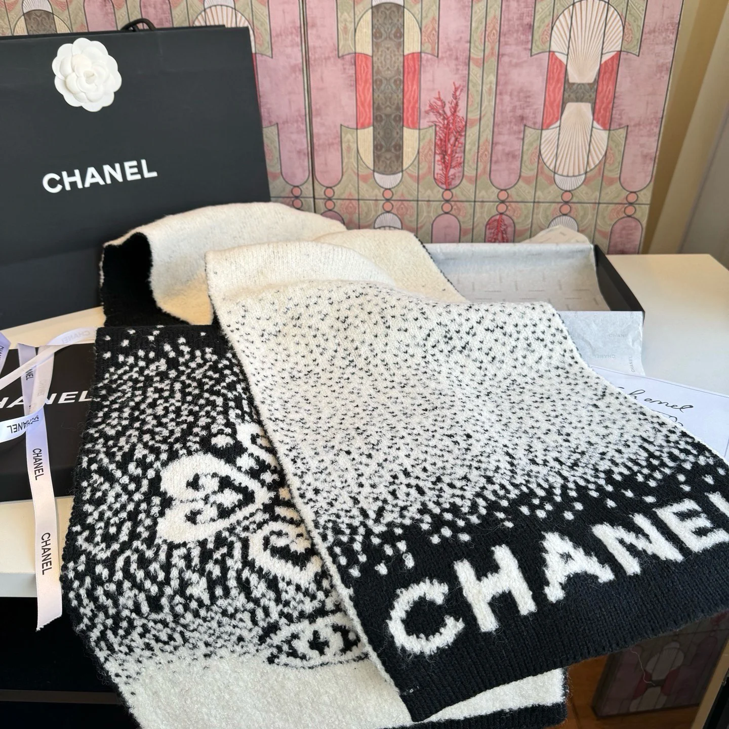 CHANEL Scarves Knitted Cashmere Black-White 30_180CM A2010070816 - Image 7