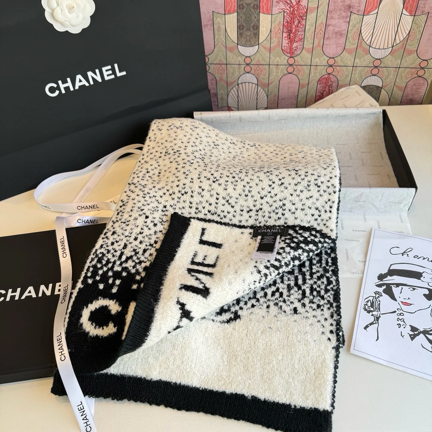 CHANEL Scarves Knitted Cashmere Black-White 30_180CM A2010070816 - Image 8