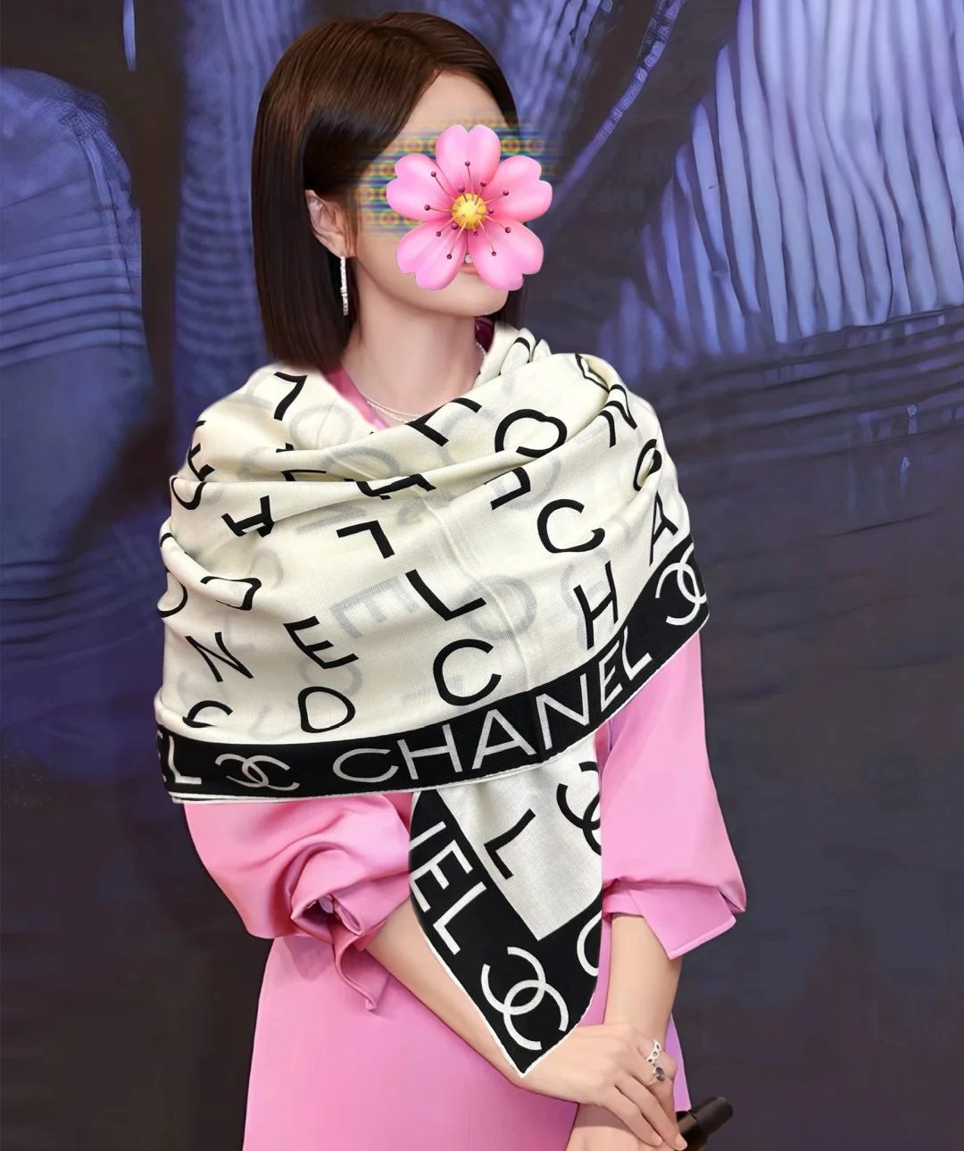 CHANEL Scarves Silk Cashmere Cream-Black 140X140 B0510073021