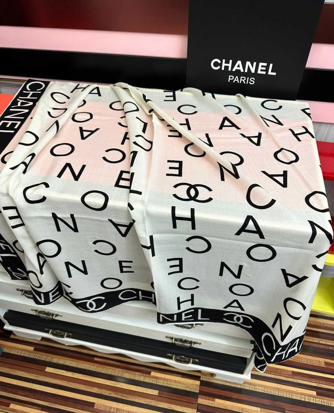CHANEL Scarves Silk Cashmere Cream-Black 140X140 B0510073021 - Image 5