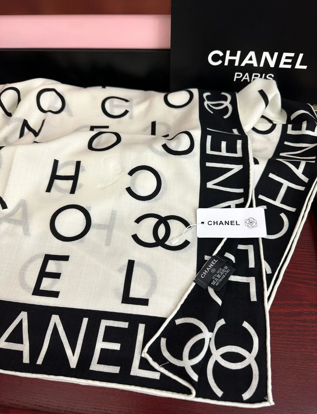 CHANEL Scarves Silk Cashmere Cream-Black 140X140 B0510073021 - Image 7