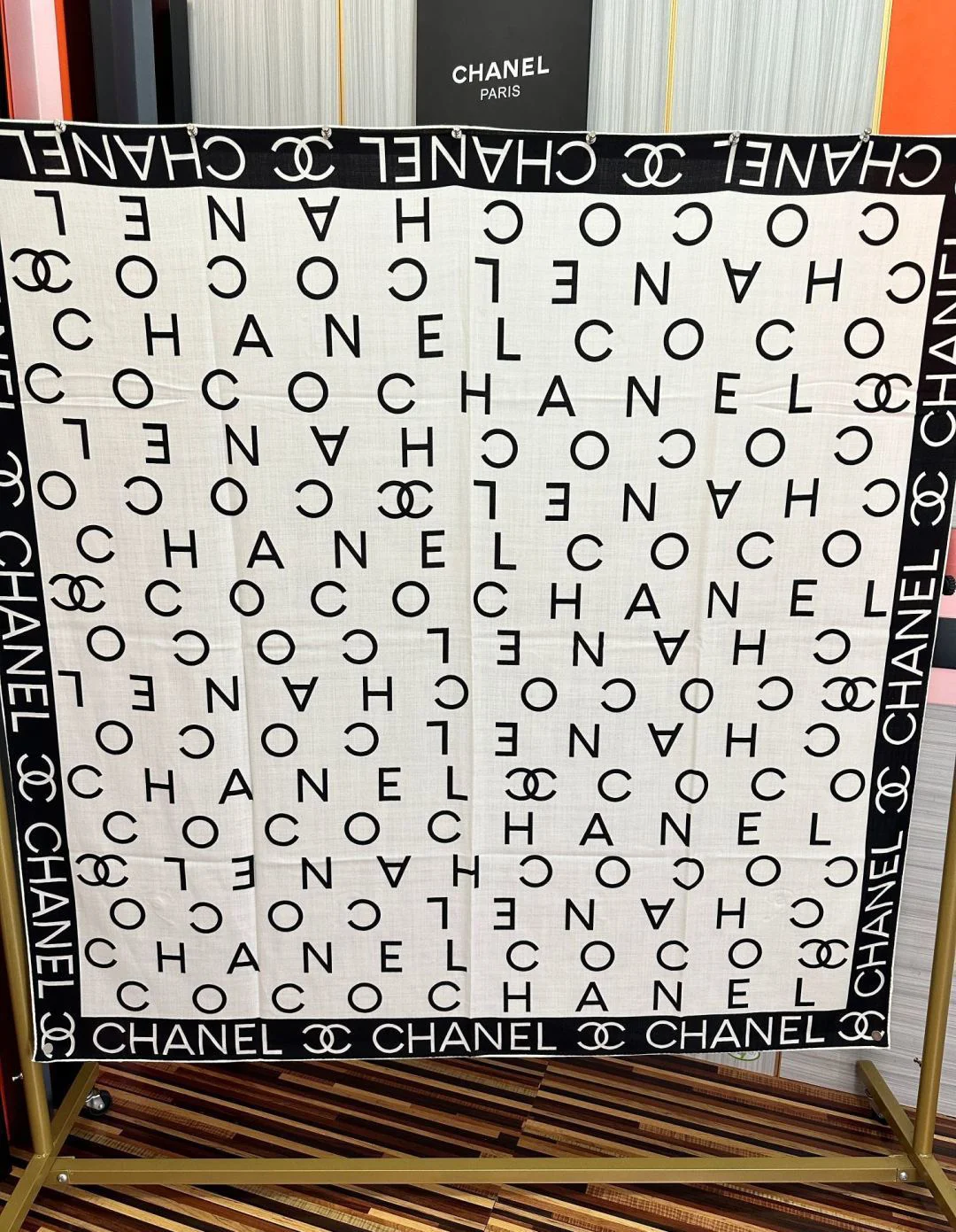 CHANEL Scarves Silk Cashmere Cream-Black 140X140 B0510073021 - Image 9