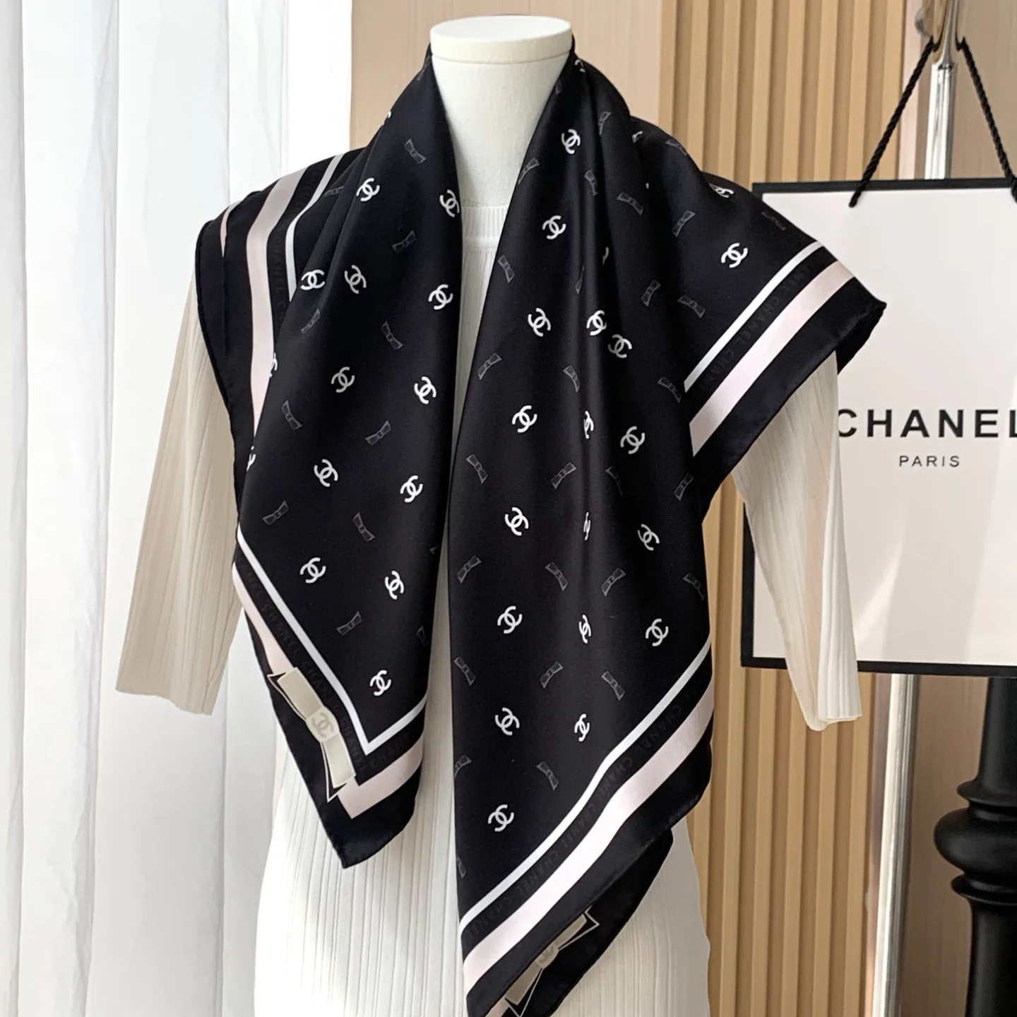 CHANEL Scarves Silk Twill Black-White 88.5 X 88.5 CM D510071215