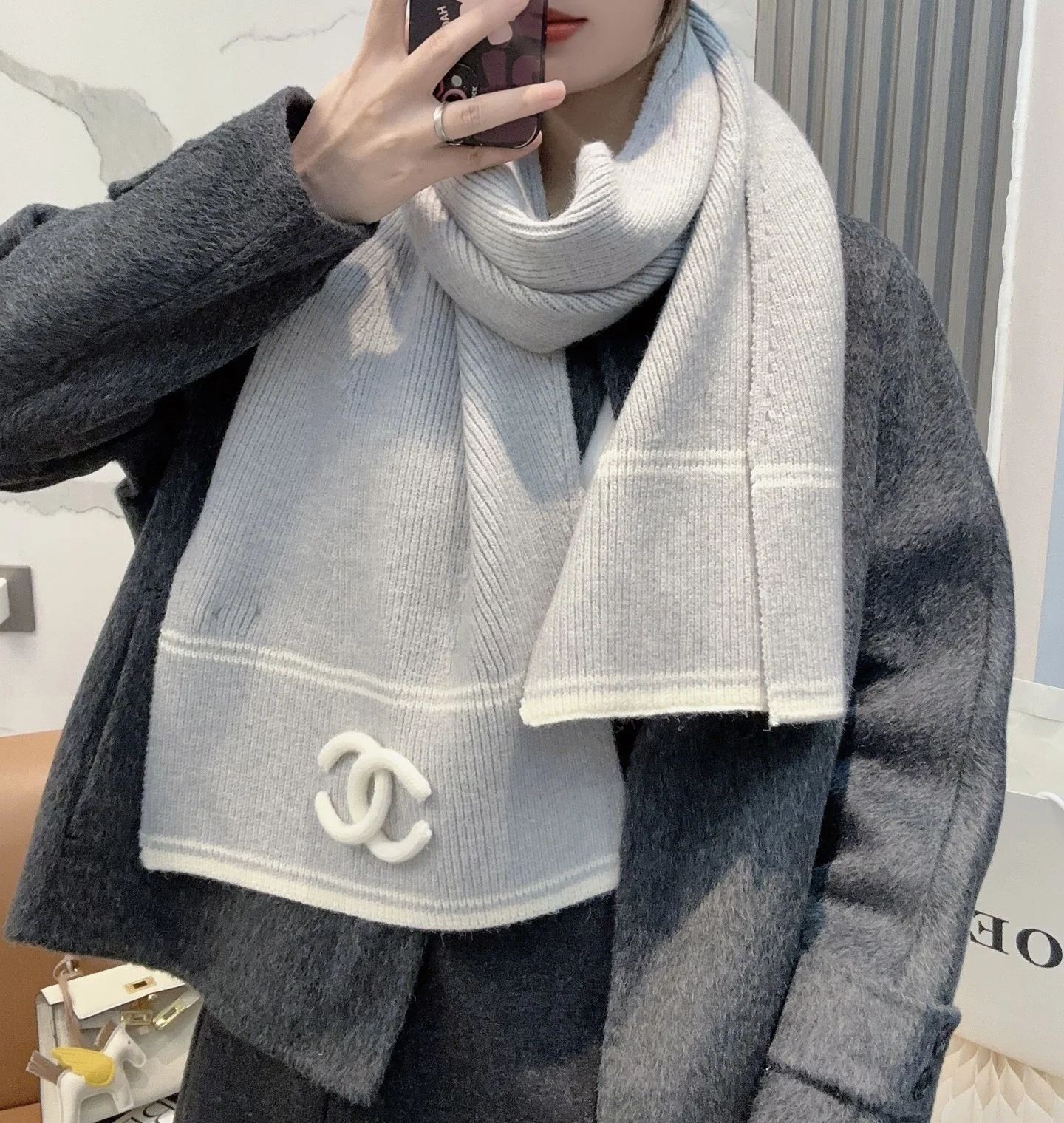 CHANEL Scarves Wool Cashmere Grey-White One Size A3510070523