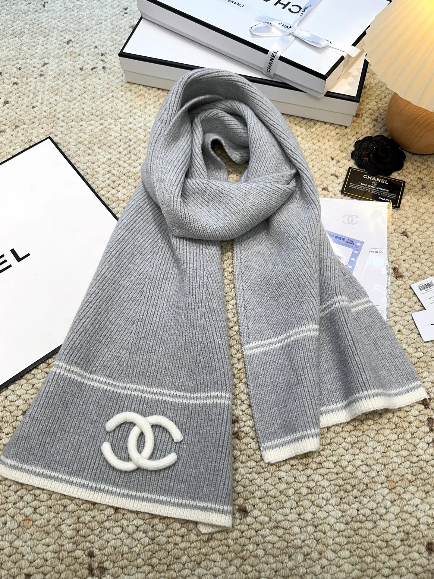 CHANEL Scarves Wool Cashmere Grey-White One Size A3510070523 - Image 2