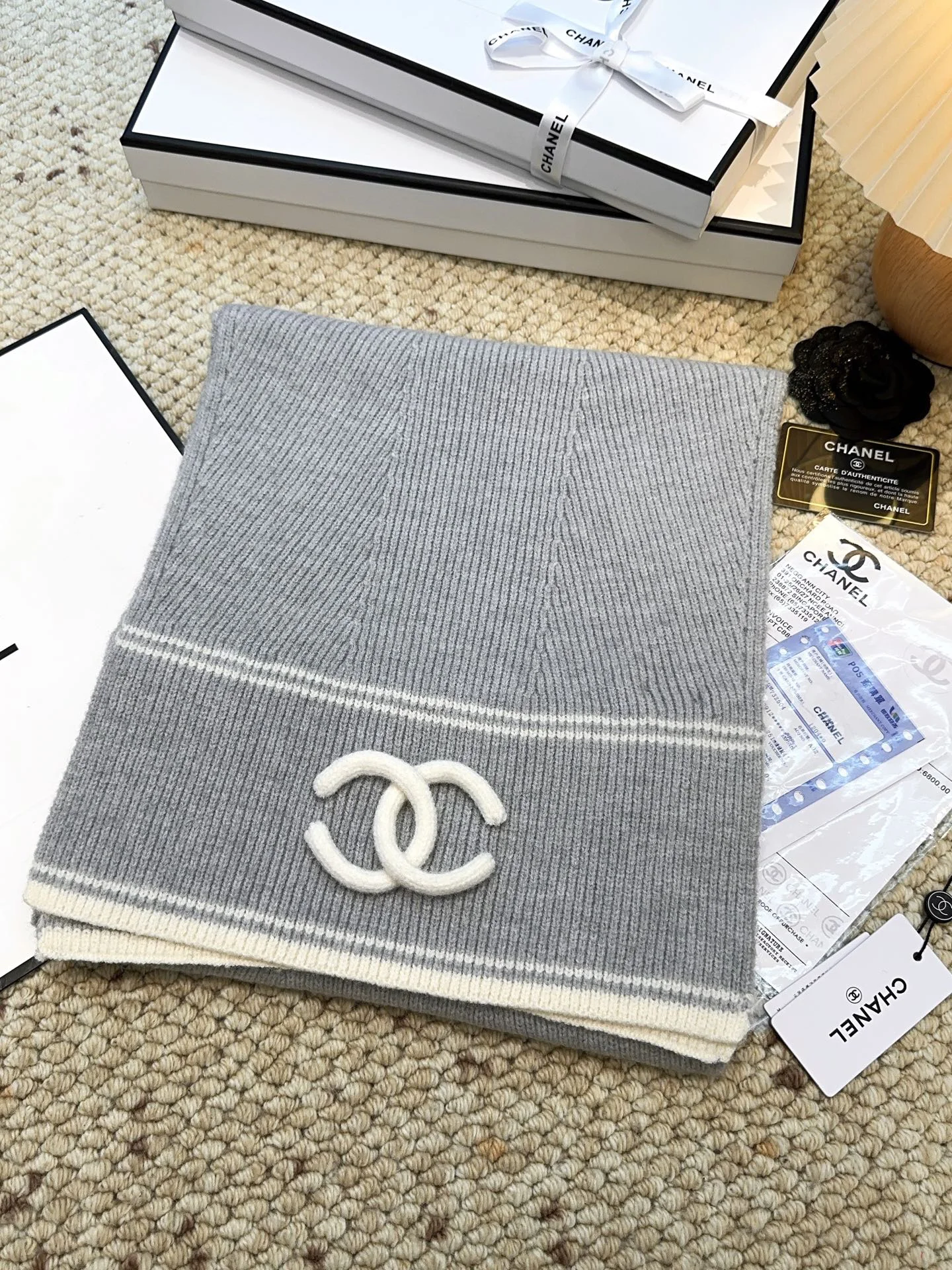 CHANEL Scarves Wool Cashmere Grey-White One Size A3510070523 - Image 3