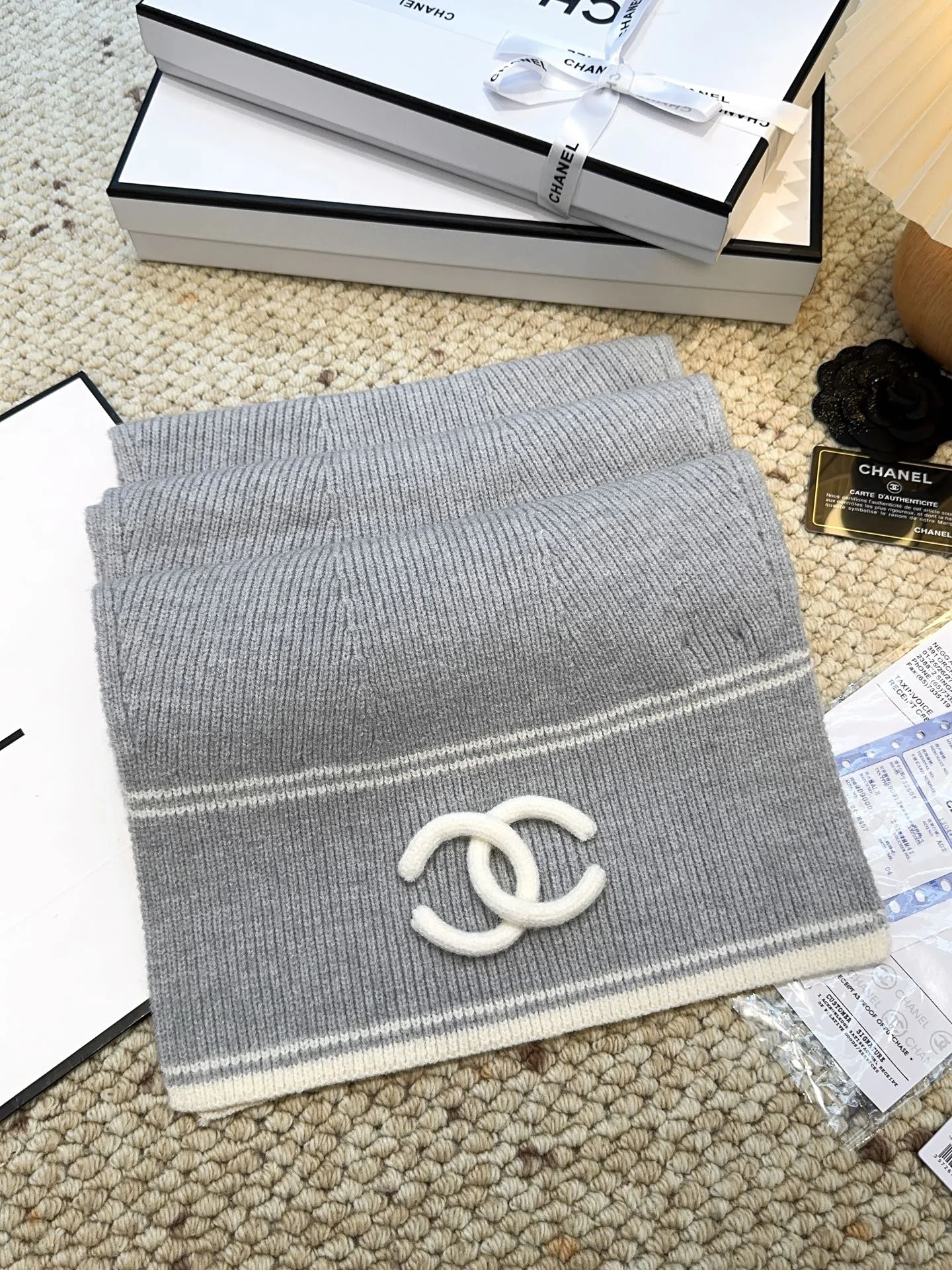 CHANEL Scarves Wool Cashmere Grey-White One Size A3510070523 - Image 5