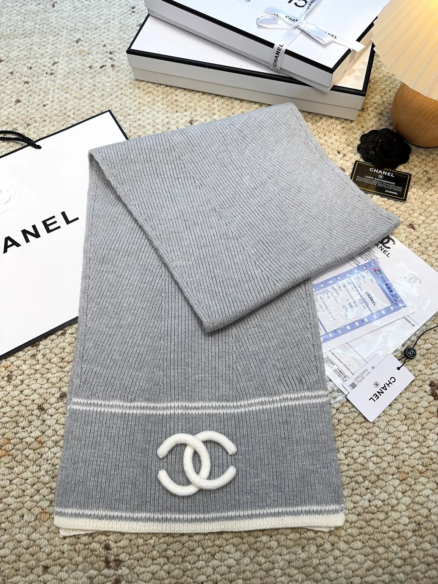 CHANEL Scarves Wool Cashmere Grey-White One Size A3510070523 - Image 6