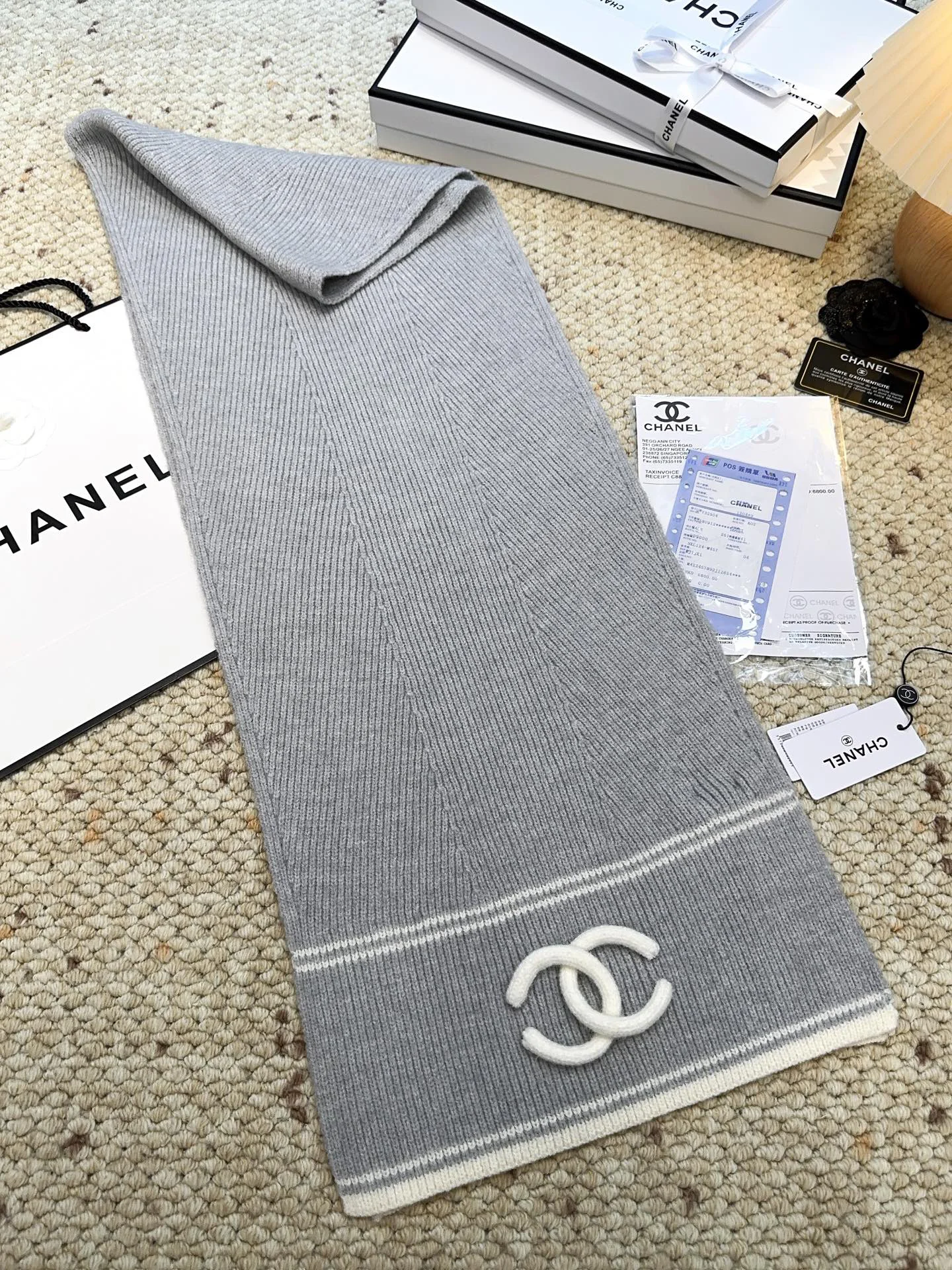 CHANEL Scarves Wool Cashmere Grey-White One Size A3510070523 - Image 7