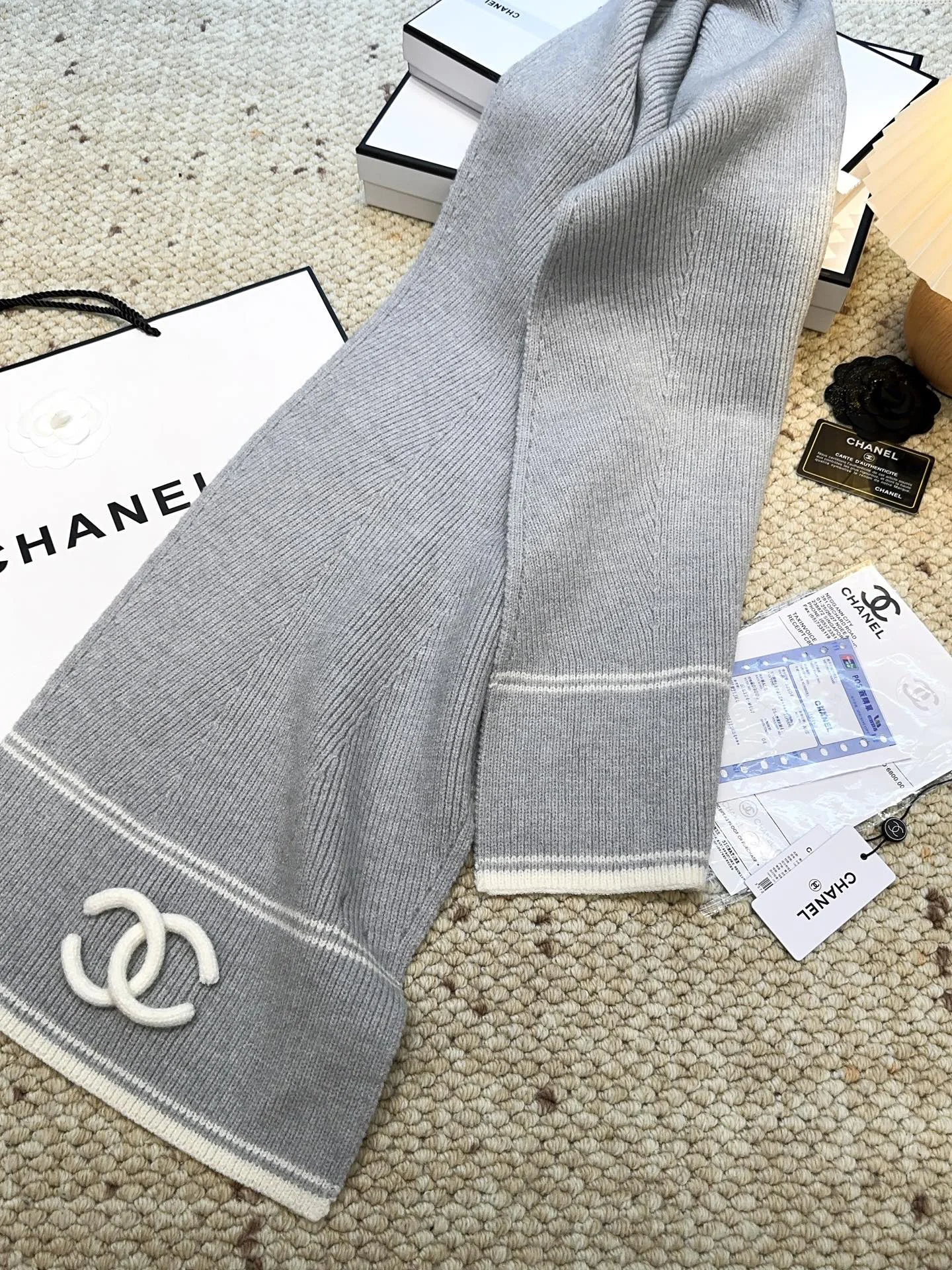 CHANEL Scarves Wool Cashmere Grey-White One Size A3510070523 - Image 8