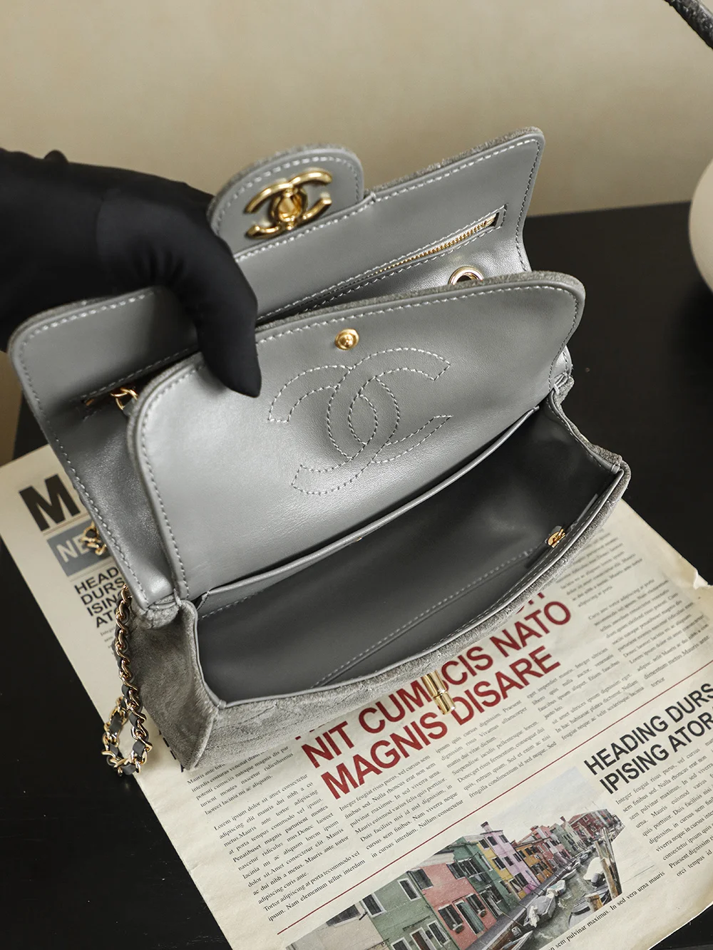 CHANEL Shoulder Bags Suede Gray-Gold 20X12X7CM G5010062360 - Image 8