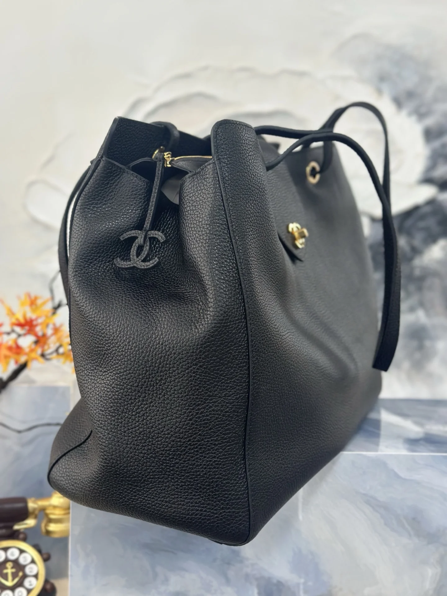 CHANEL Totes Bags Pebbled Leather Black-Gold 36X46X20CM A05010063136 - Image 7