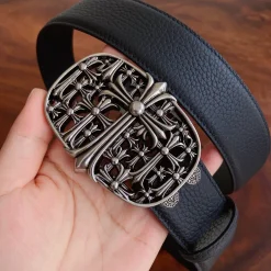 CHROME HEARTS Belts Pebble Leather Black-Silver 3.8cm Width B2010050024