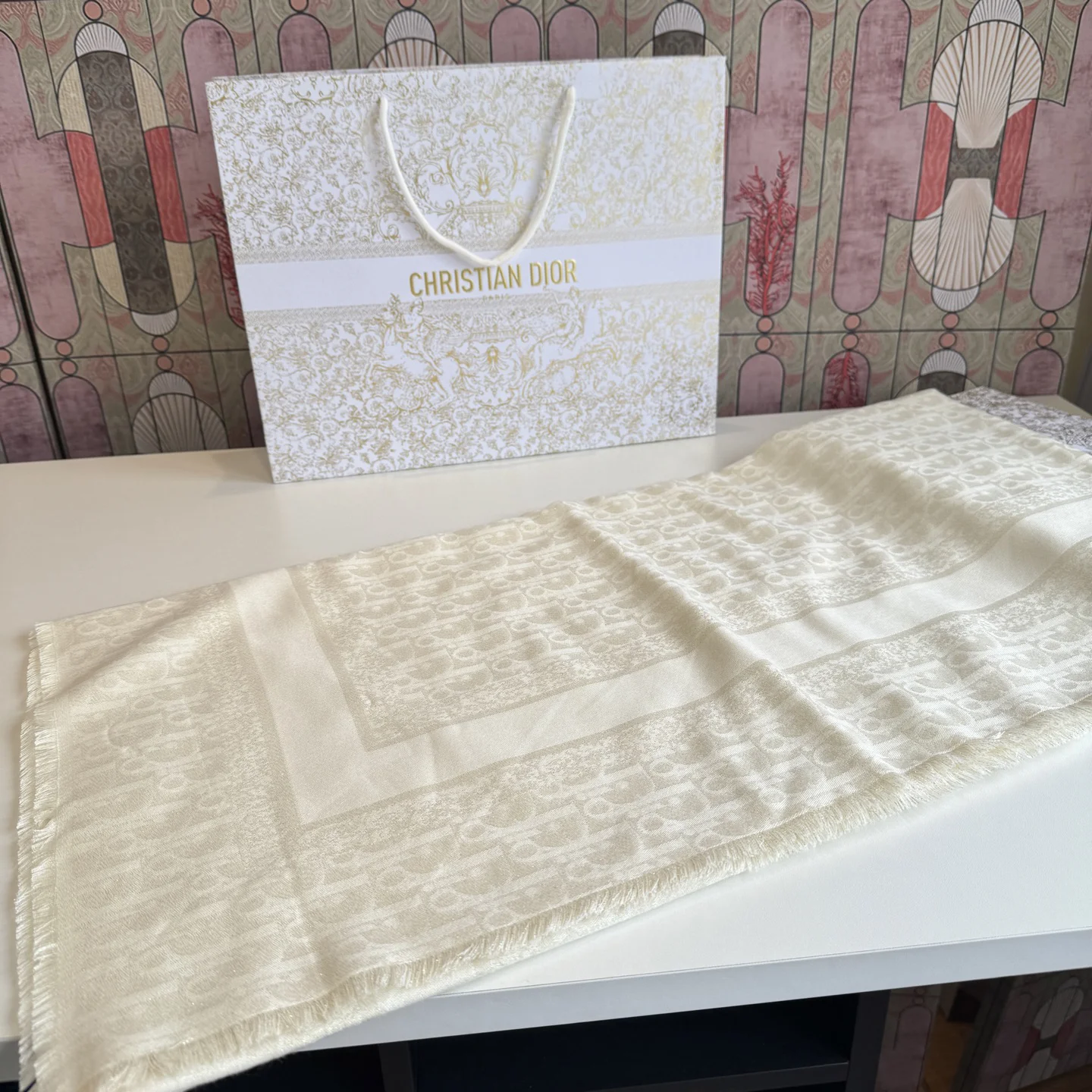DIOR Scarves Wool-Silk Cream-White One Size A6510071497 - Image 4