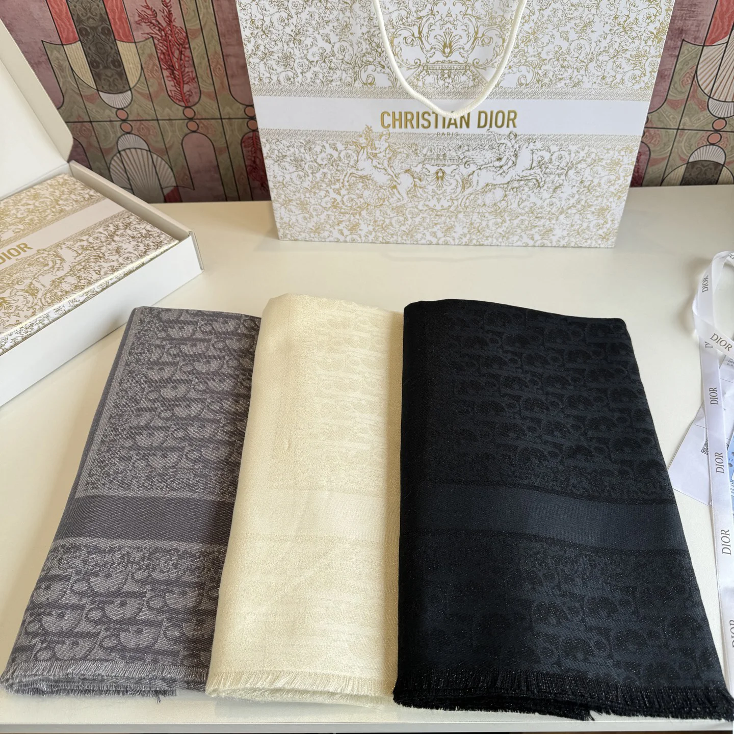 DIOR Scarves Wool-Silk Cream-White One Size A6510071497 - Image 9