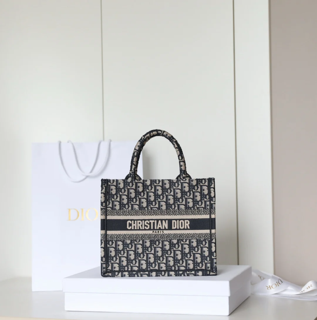 DIOR Totes Bags Embroidered Canvas Blue-Beige 26.5X21X14CM F5010060184