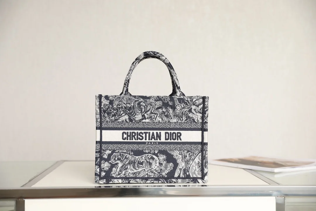 DIOR Totes Bags Embroidered Canvas Navy-White 26.5X21X14CM F5010060195