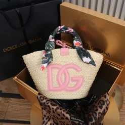 DOLCE & GABBANA Beach Bags Wicker & Jacquard Beige-Pink 35X26X16CM G7010067301