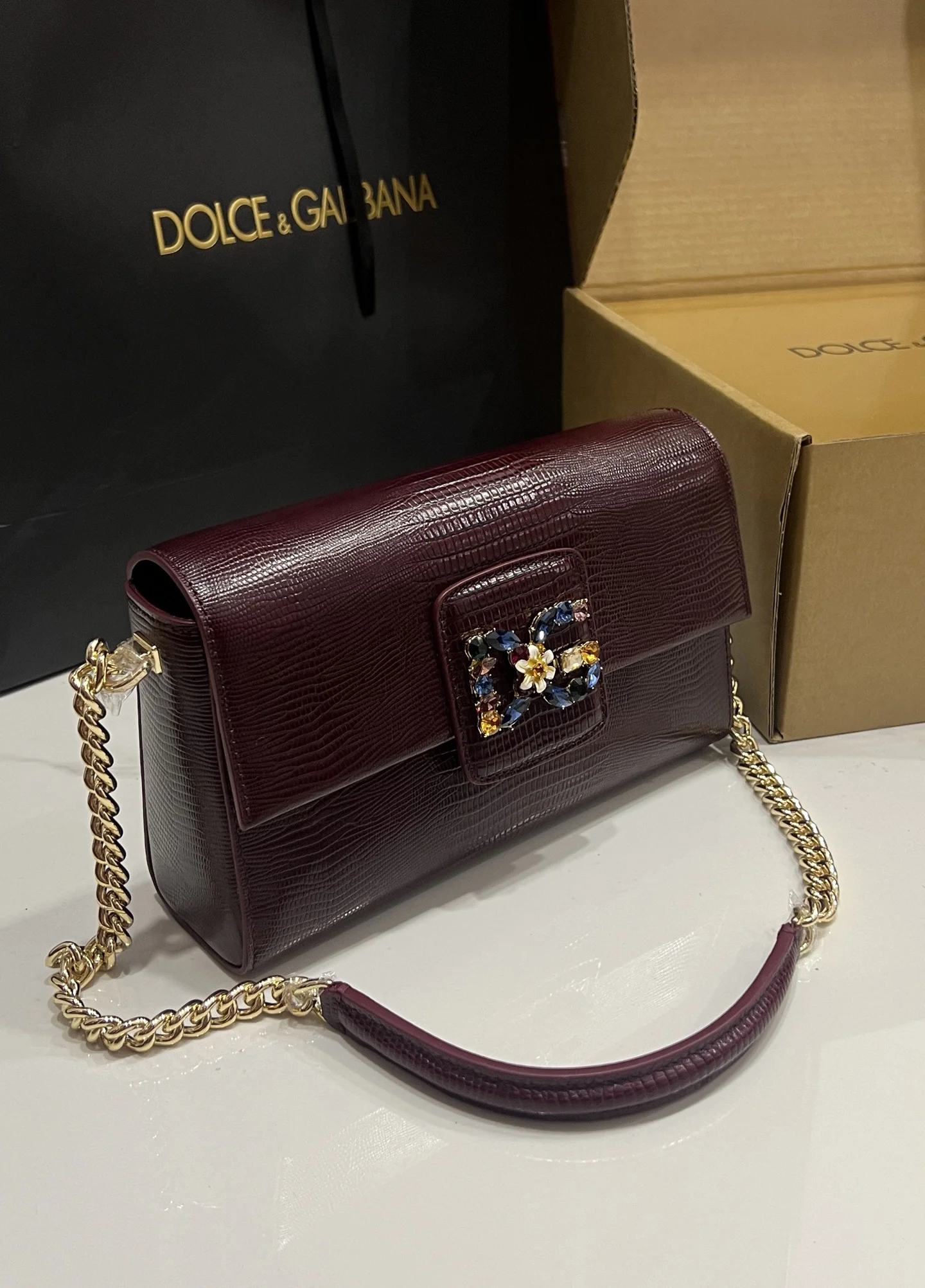 DOLCE & GABBANA Shoulder Bags Burgundy-Gold 25X13X7.5CM F7010066180 - Image 6