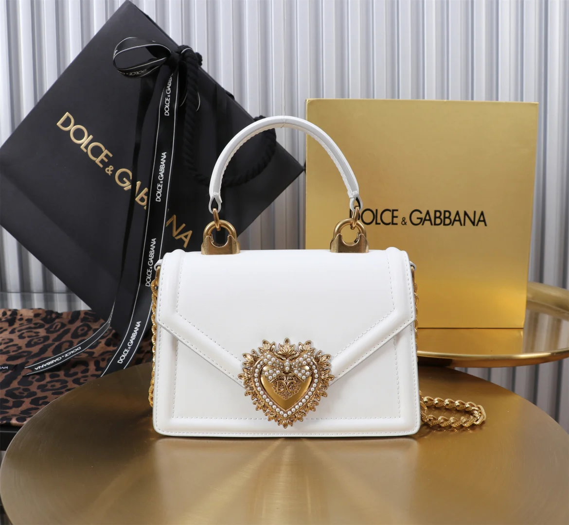 DOLCE & GABBANA Shoulder Bags Top-grain Leather White-Gold 19X4.5X13CM D5010067229