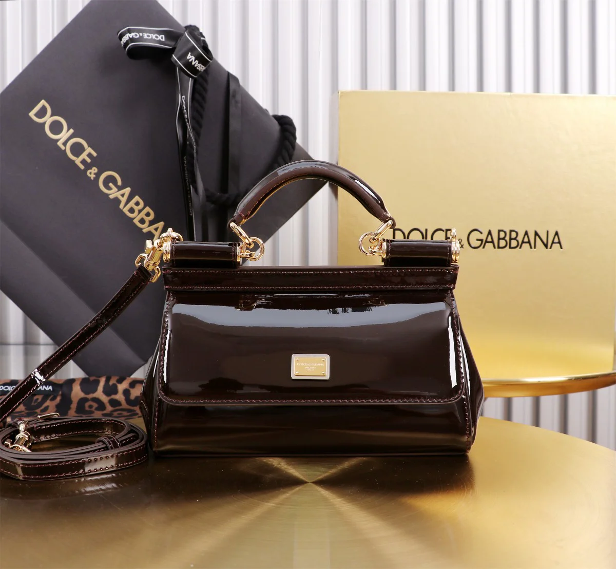 DOLCE & GABBANA Top Handle Bags Calfskin Brown-Gold 11X18X6CM G0010066294