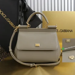 DOLCE & GABBANA Top Handle Bags Calfskin Leather Taupe-Gold 20X16X8CM H5010065999