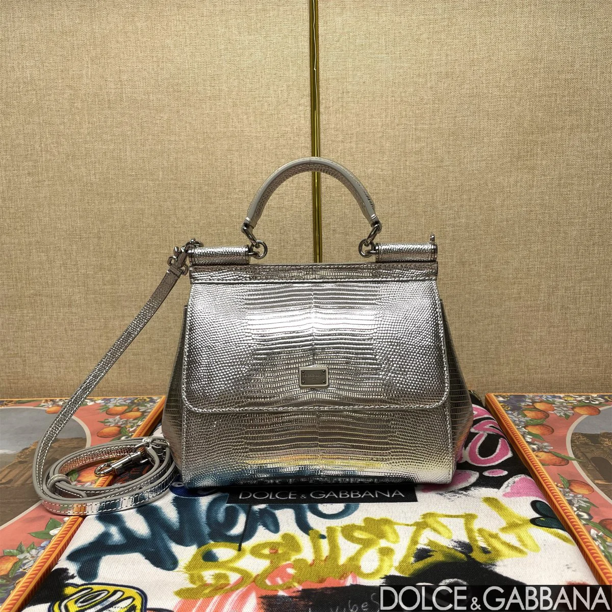 DOLCE & GABBANA Top Handle Bags Lizard Embossed Leather Silver 20X16X8CM H3010067183
