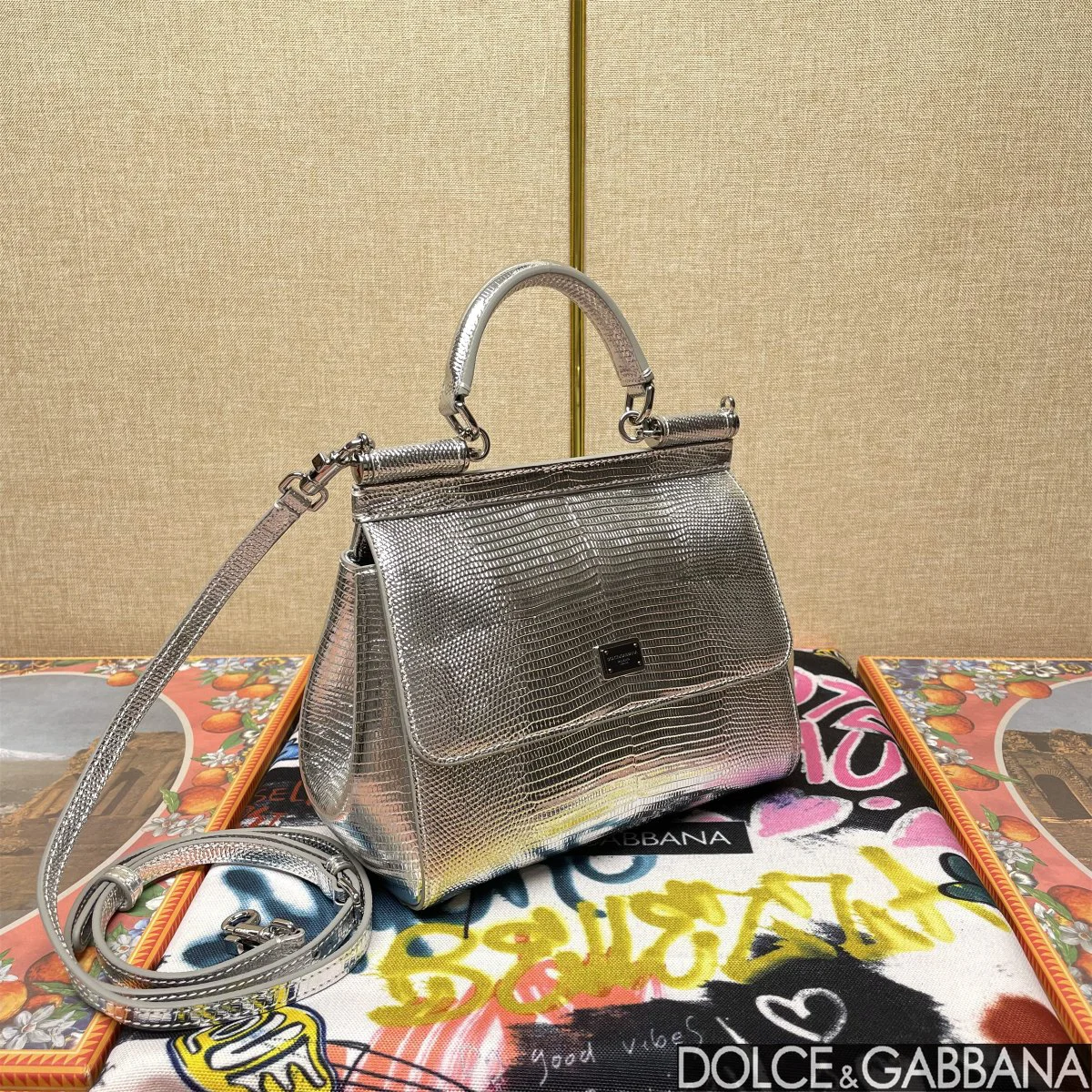 DOLCE & GABBANA Top Handle Bags Lizard Embossed Leather Silver 20X16X8CM H3010067183 - Image 2