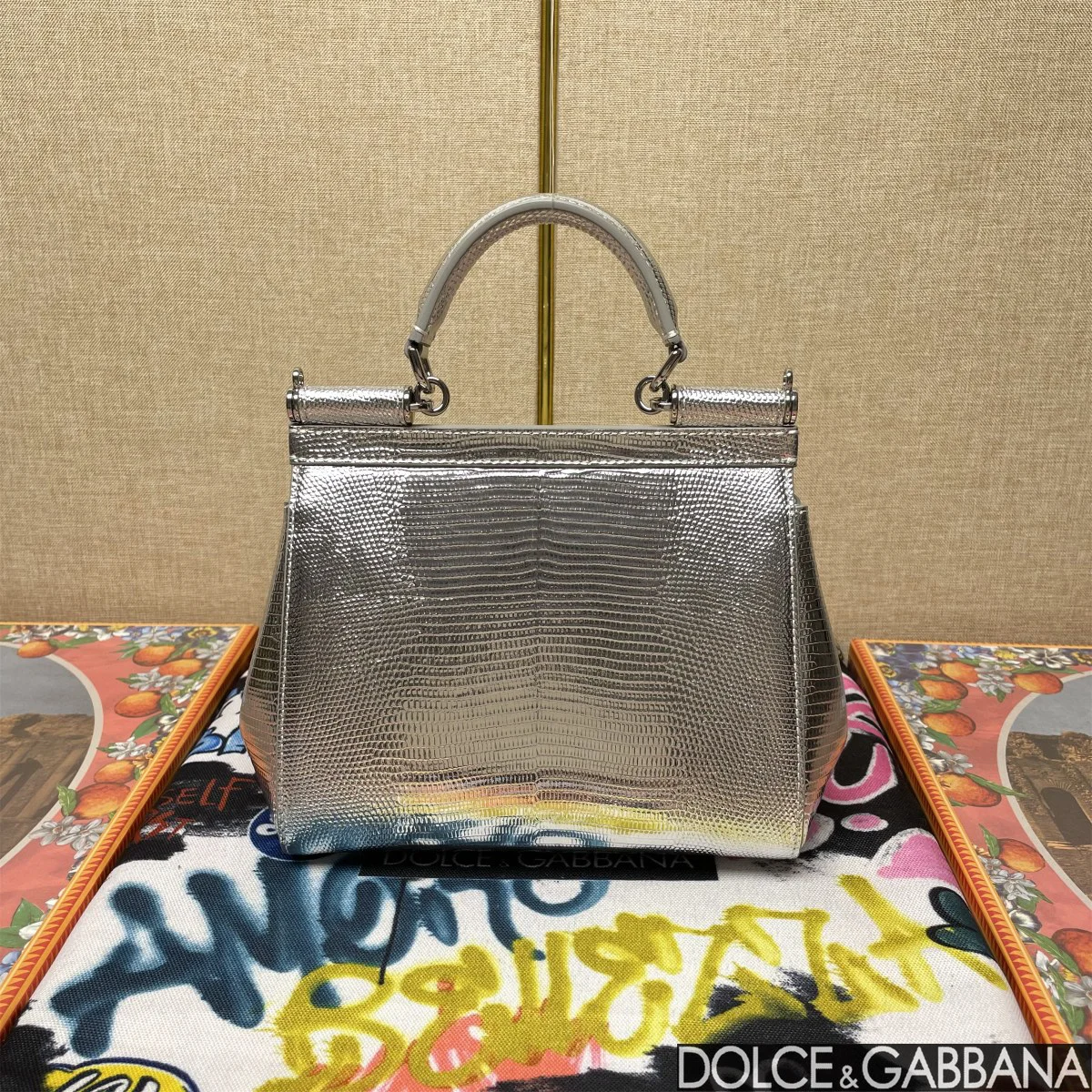 DOLCE & GABBANA Top Handle Bags Lizard Embossed Leather Silver 20X16X8CM H3010067183 - Image 3