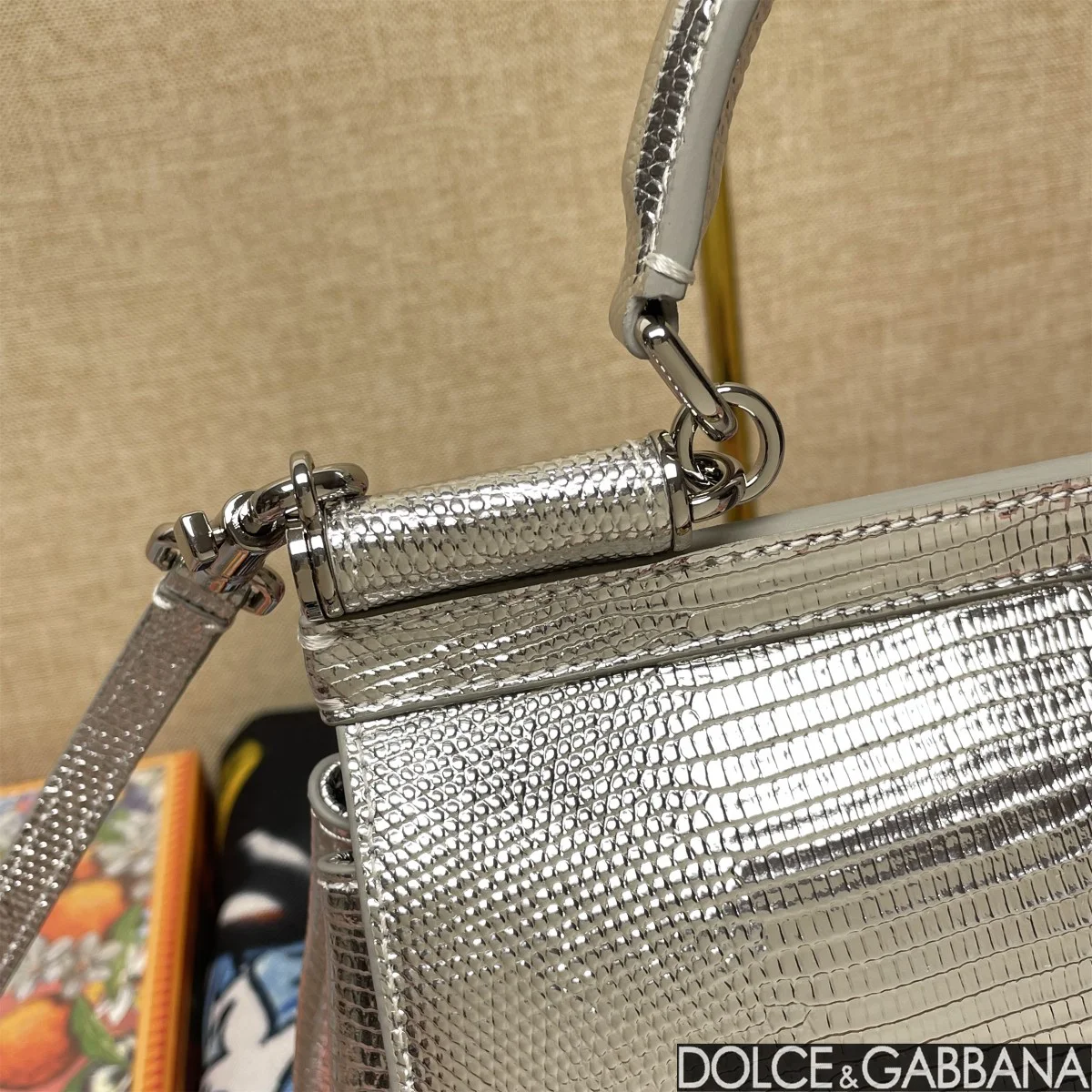 DOLCE & GABBANA Top Handle Bags Lizard Embossed Leather Silver 20X16X8CM H3010067183 - Image 7