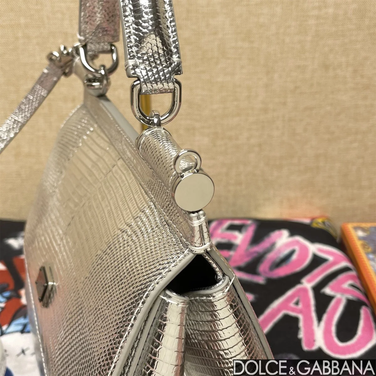 DOLCE & GABBANA Top Handle Bags Lizard Embossed Leather Silver 20X16X8CM H3010067183 - Image 8