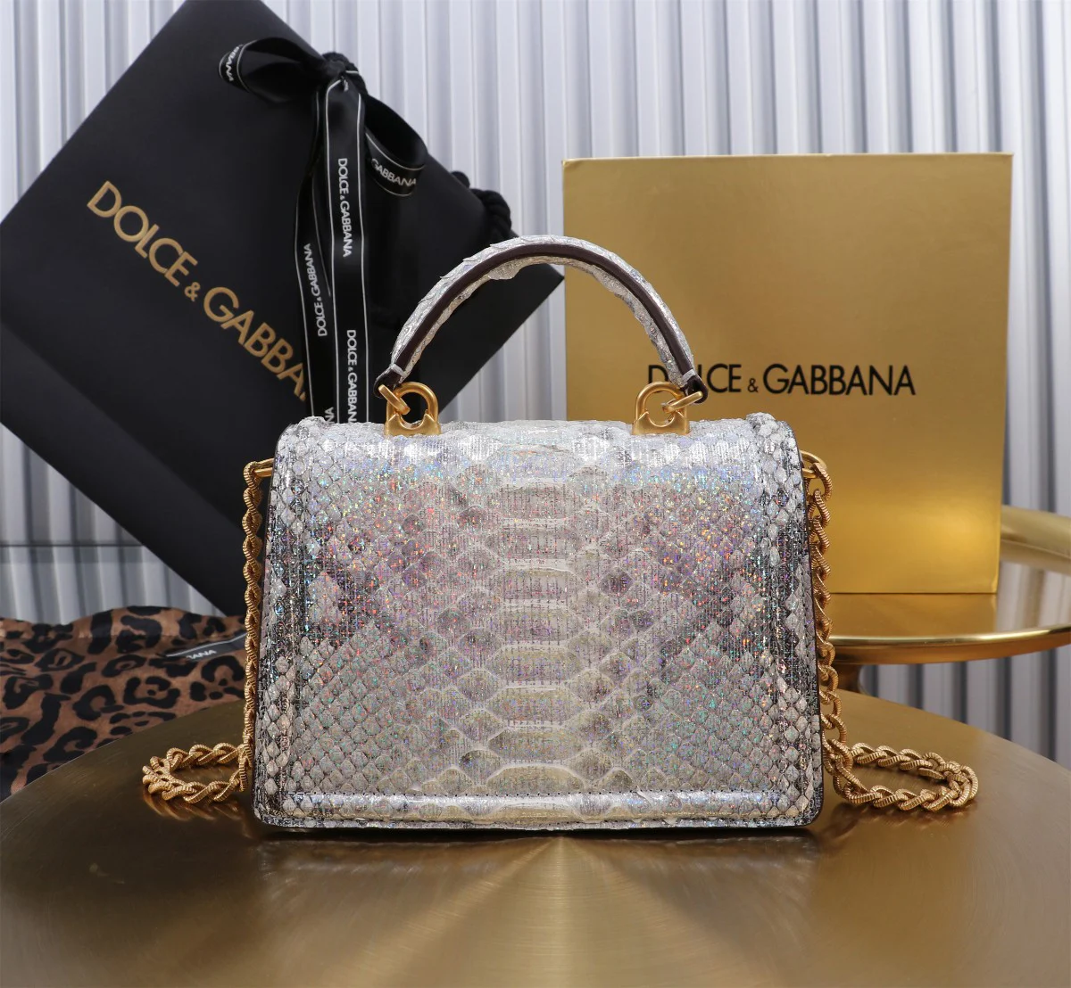 DOLCE & GABBANA Top Handle Bags Python Leather Silver-Gold 19X4.5X11CM A30010067139 - Image 3