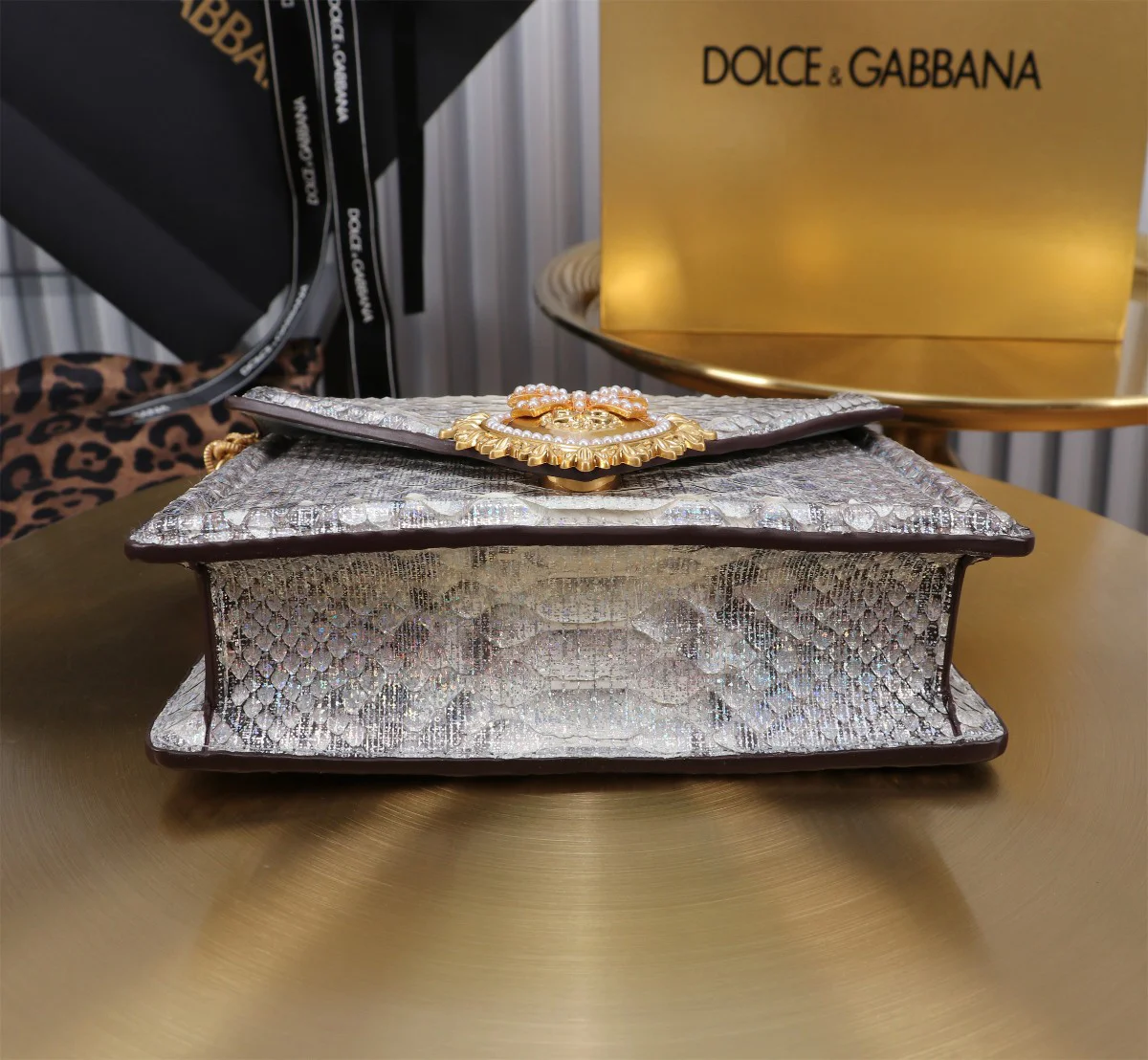 DOLCE & GABBANA Top Handle Bags Python Leather Silver-Gold 19X4.5X11CM A30010067139 - Image 4