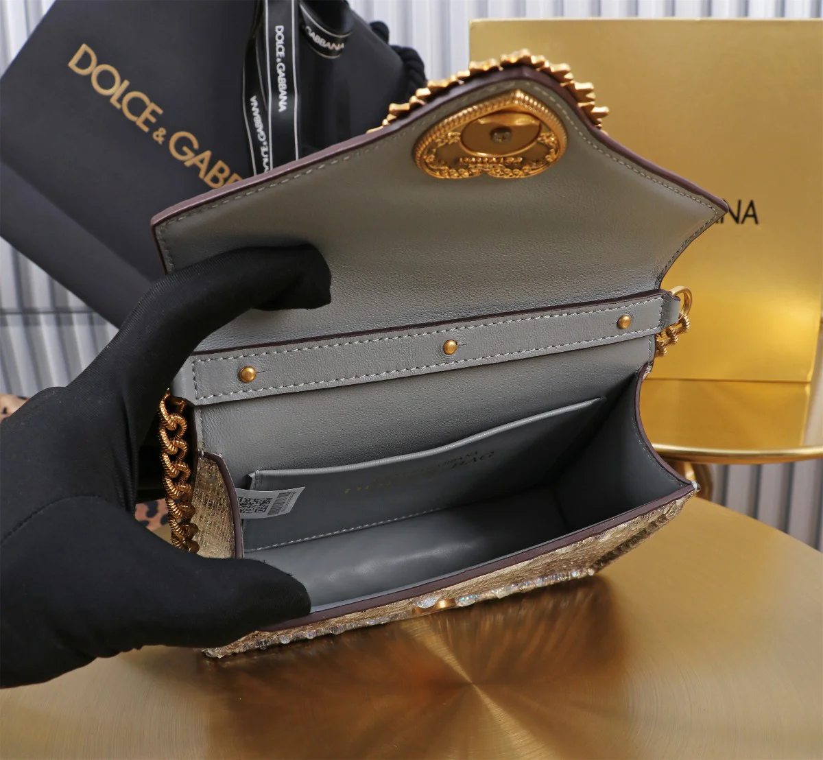 DOLCE & GABBANA Top Handle Bags Python Leather Silver-Gold 19X4.5X11CM A30010067139 - Image 5