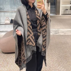 FENDI Scarves Cashmere Wool Blend Grey-Brown 140x150CM C5510070355