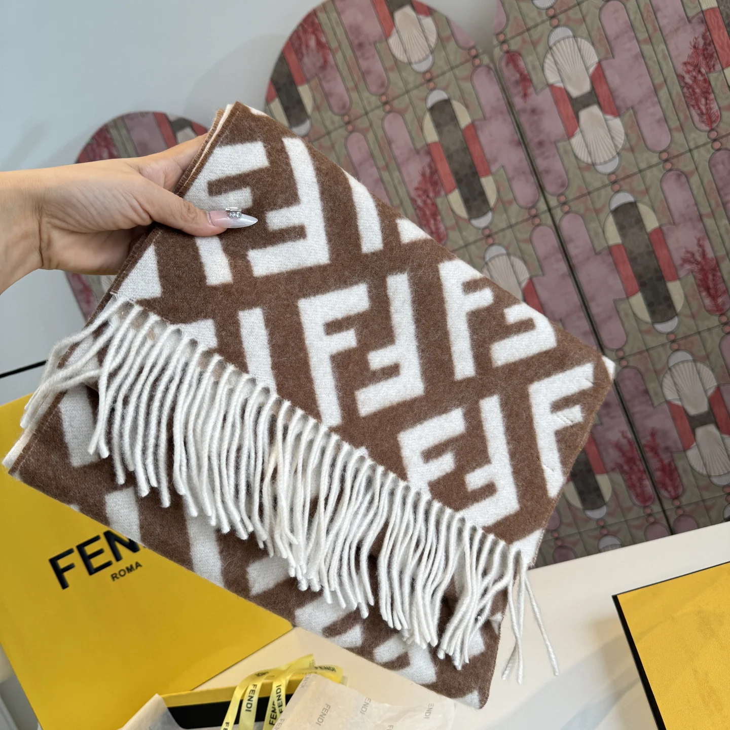 FENDI Scarves Cashmere Wool Brown-White One Size A1010070357 - Image 10