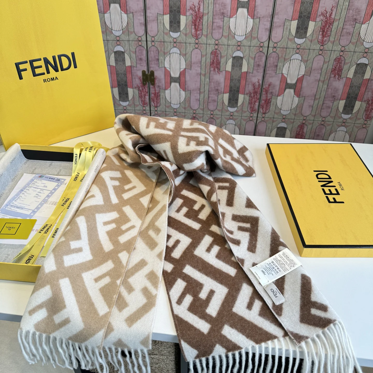 FENDI Scarves Cashmere Wool Brown-White One Size A1010070357 - Image 2
