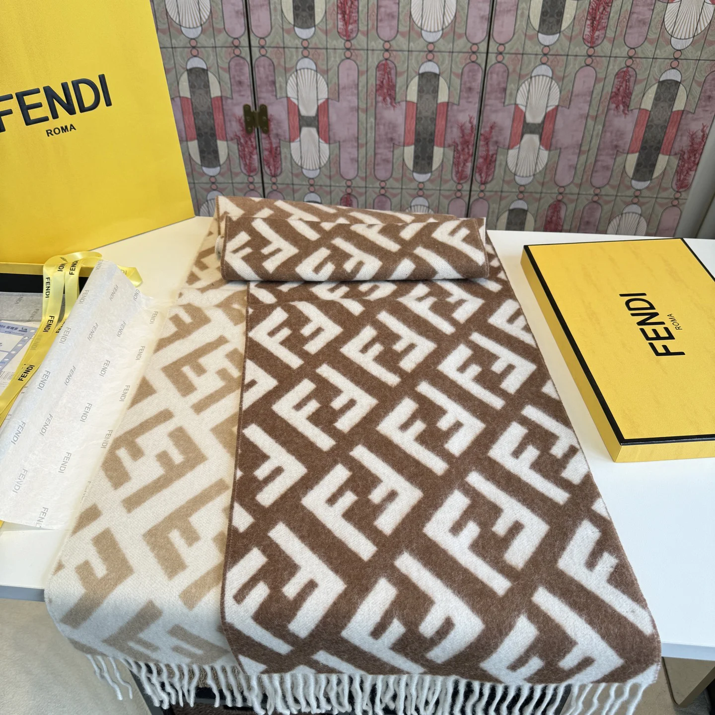 FENDI Scarves Cashmere Wool Brown-White One Size A1010070357 - Image 3