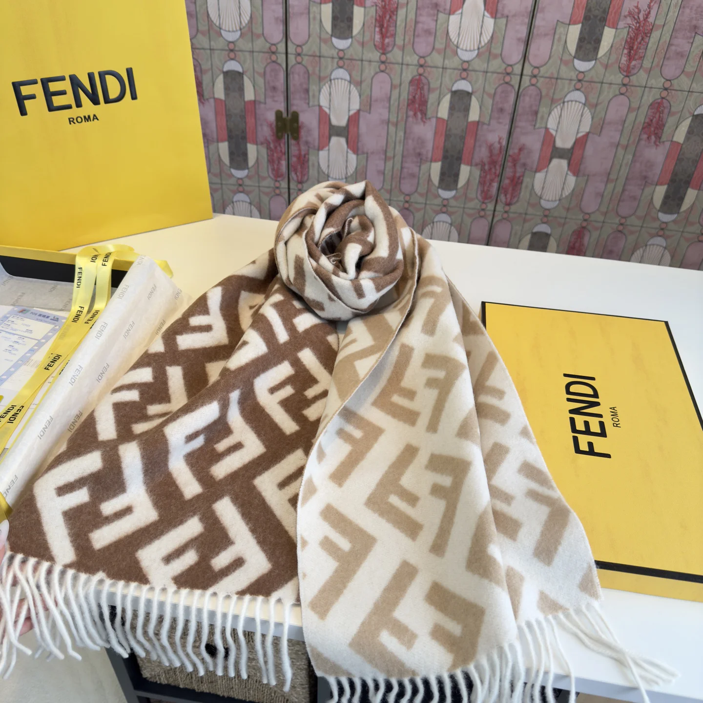 FENDI Scarves Cashmere Wool Brown-White One Size A1010070357 - Image 4