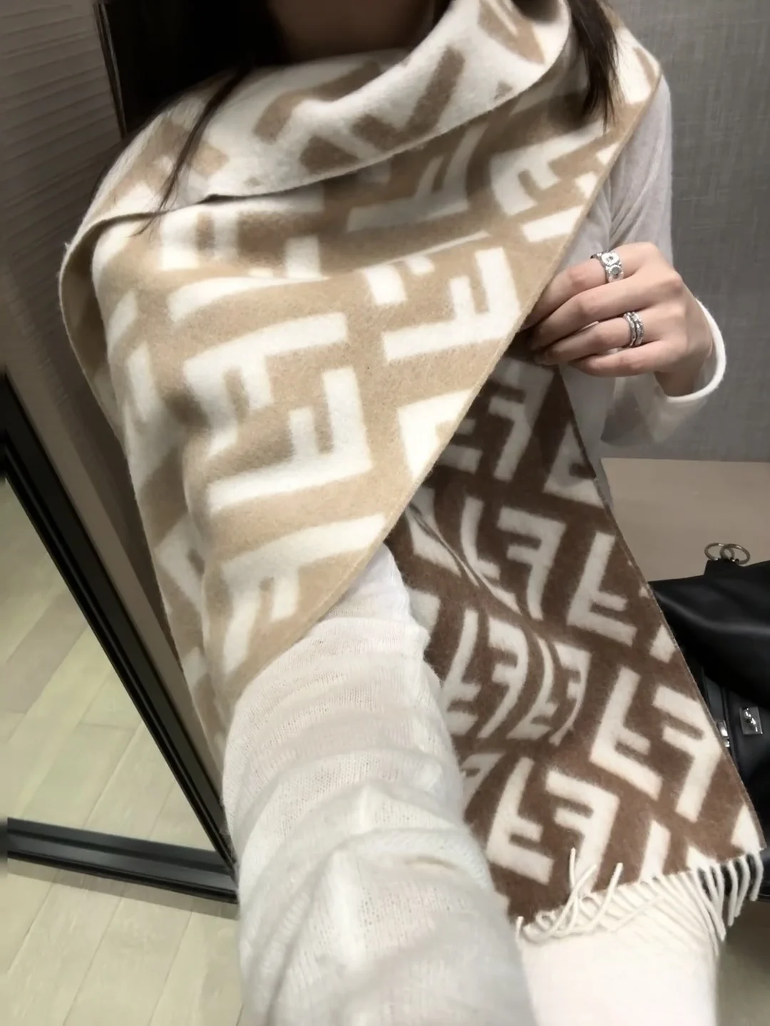 FENDI Scarves Cashmere Wool Brown-White One Size A1010070357 - Image 6