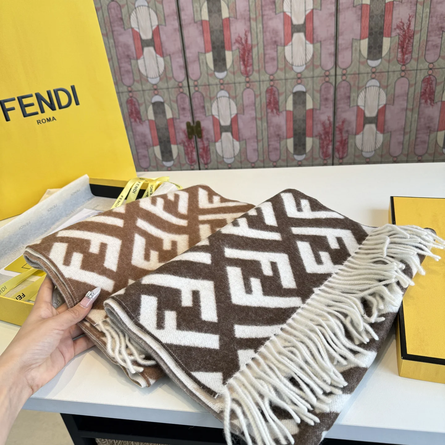 FENDI Scarves Cashmere Wool Brown-White One Size A1010070357 - Image 7