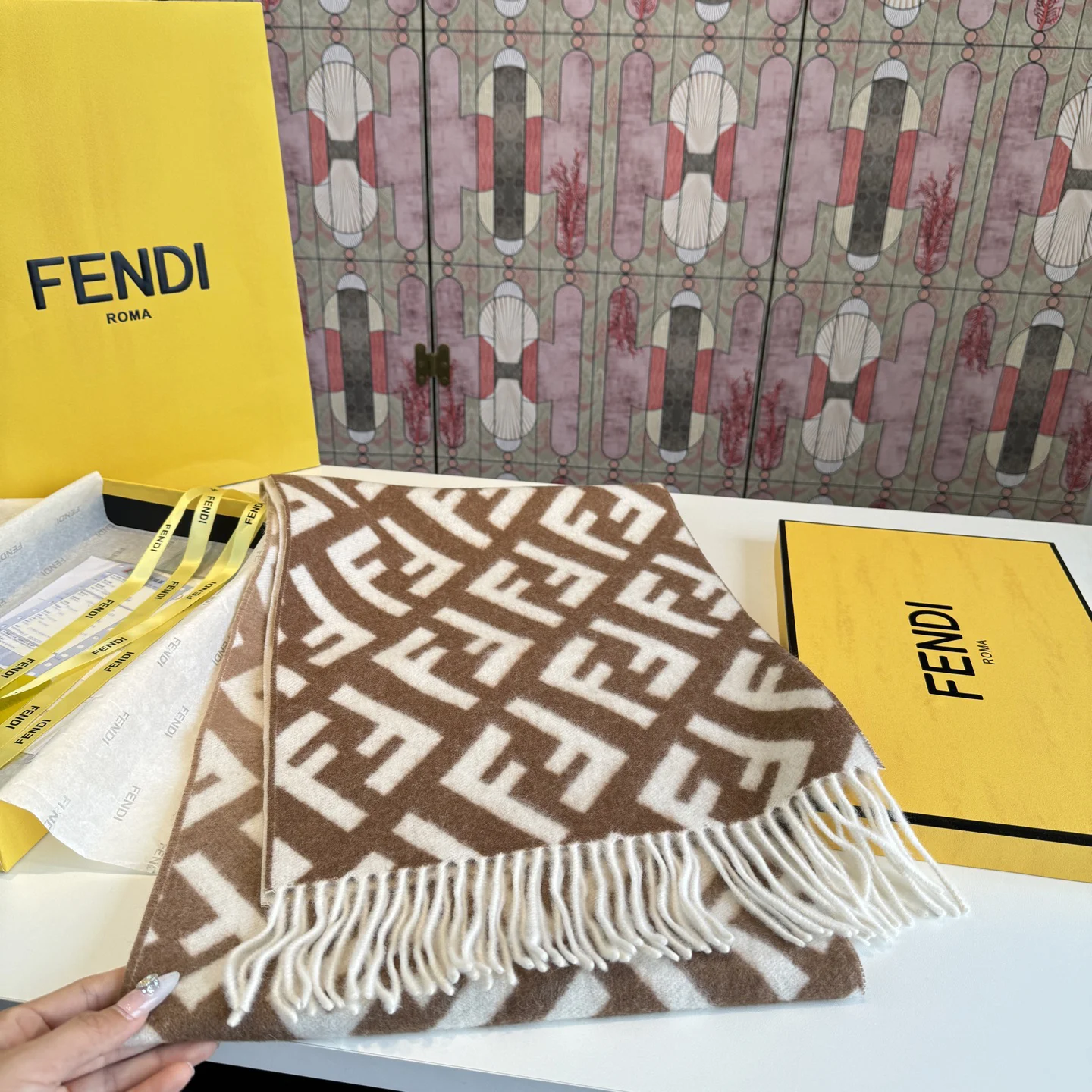 FENDI Scarves Cashmere Wool Brown-White One Size A1010070357 - Image 8